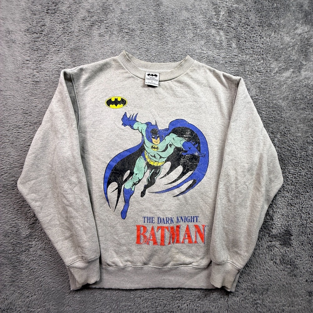 Retro Batman Dark Knight Crew Neck Sweatshirt Gray Fleece Pullover Mens S